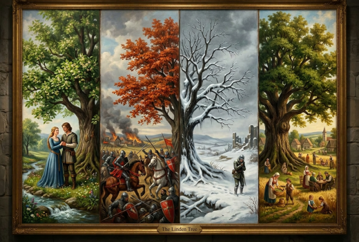Four-panel painting showing seasonal and historical scenes around a large tree